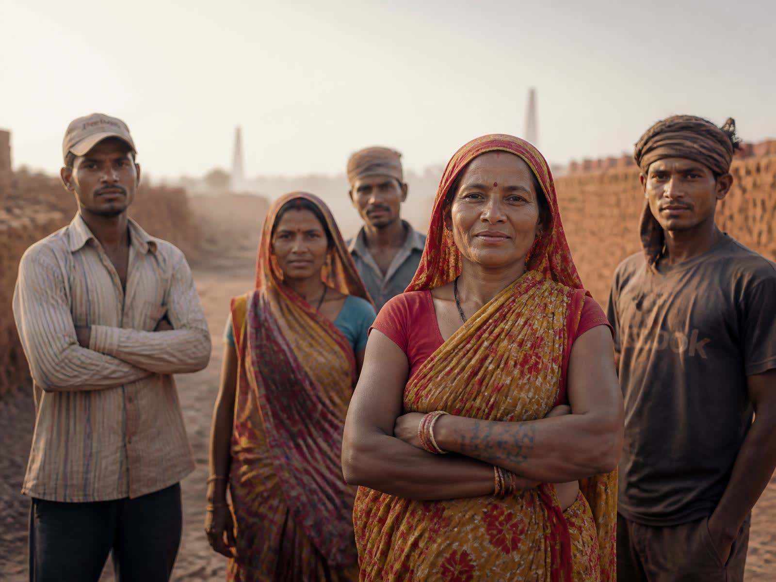 Brick kiln workers standing together at a Mehnatkash field site