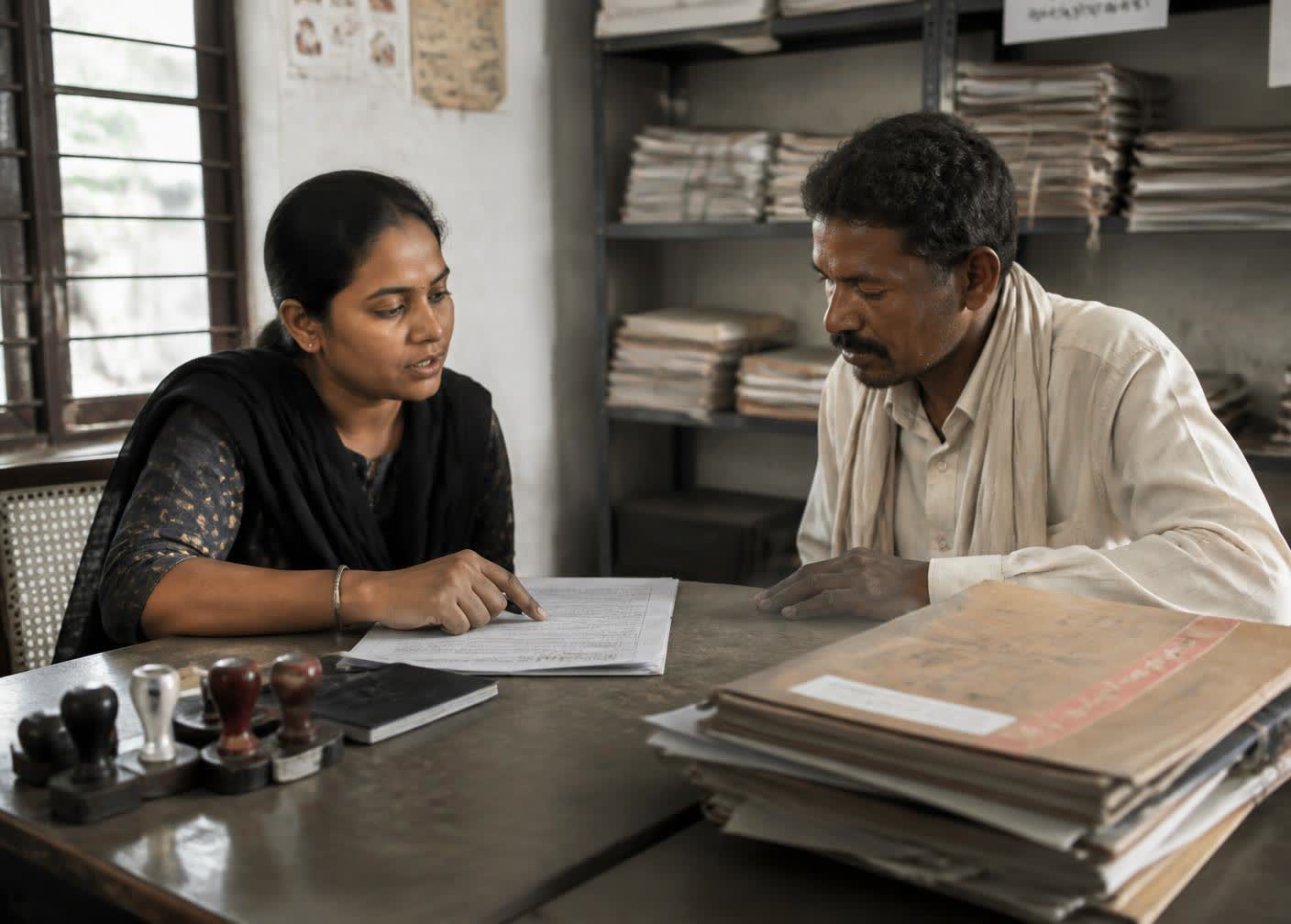 A paralegal helping a worker complete a legal complaint form