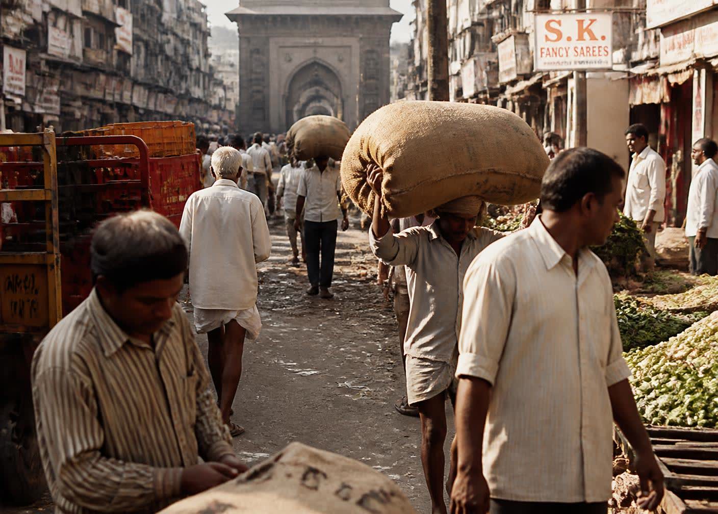 Porters and vendors working in a busy street market