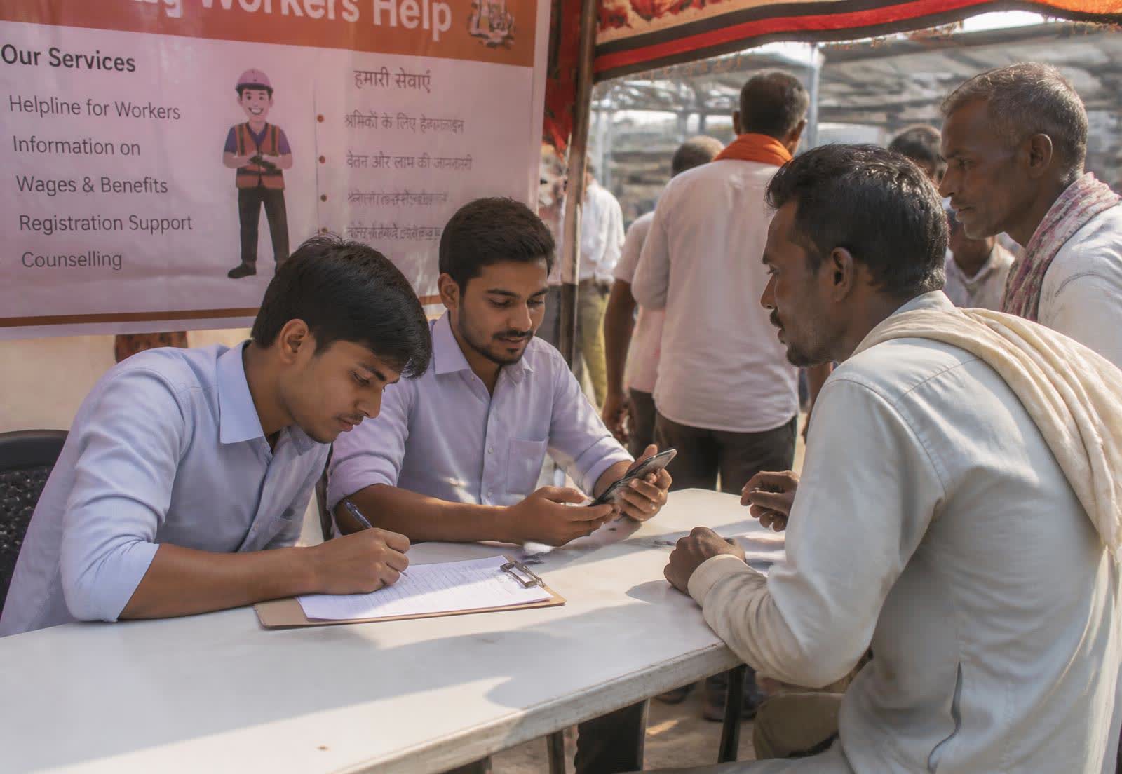 Volunteers registering workers at an outdoor help desk
